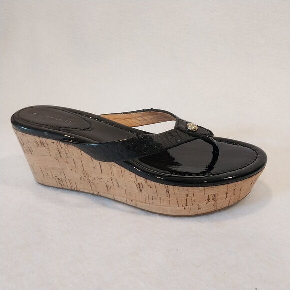 Coach 6.5 Strappy Sandal Wedge Cork Black Patent Leather Jorgina Signature Thong - Picture 1 of 13